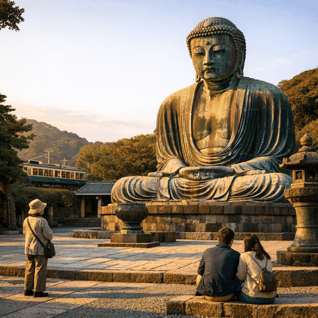 Quiet early-morning path near Hasedera temple in Kamakura with garden and visitors arriving