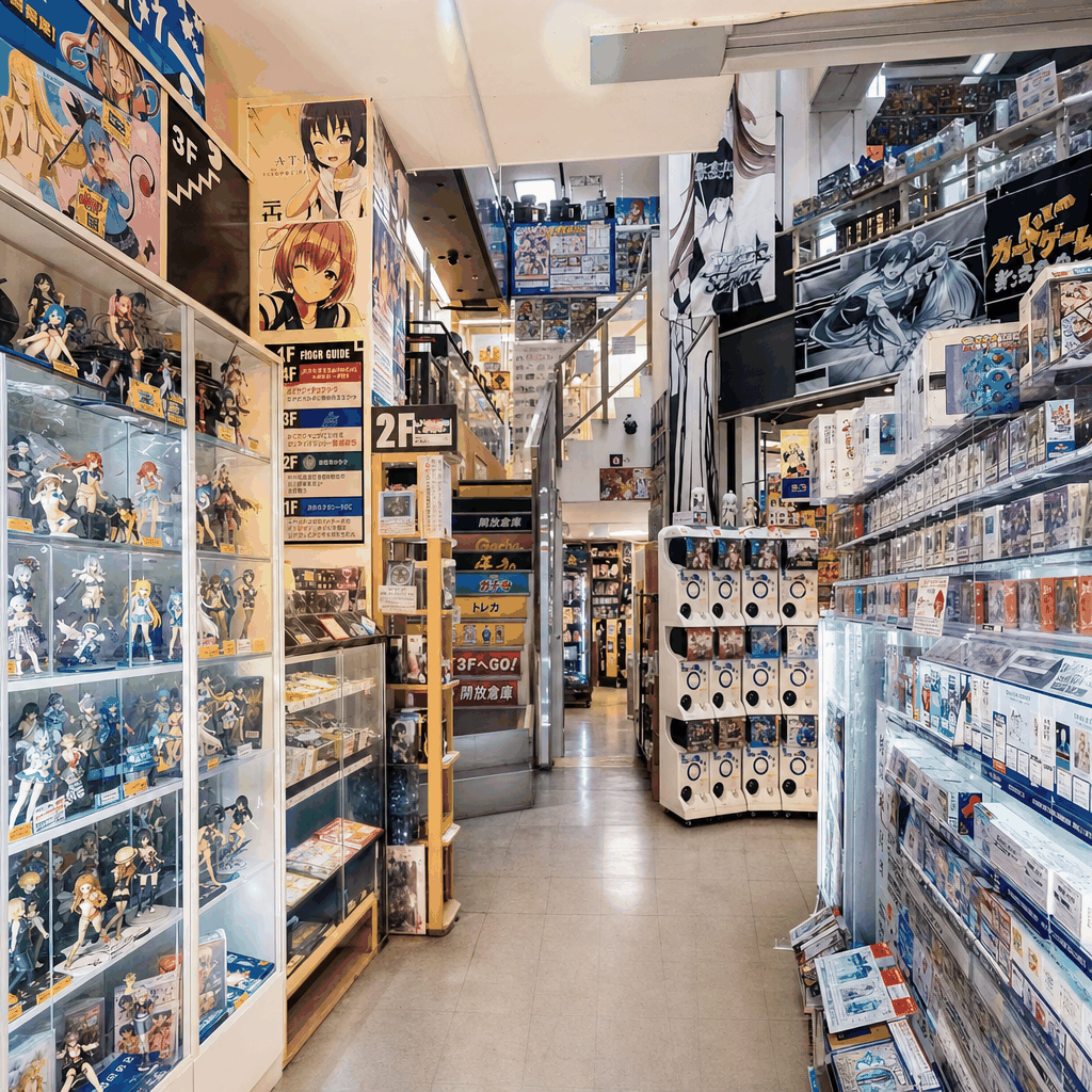 Interior-style view of anime collector shops in Akihabara with figures and merchandise
