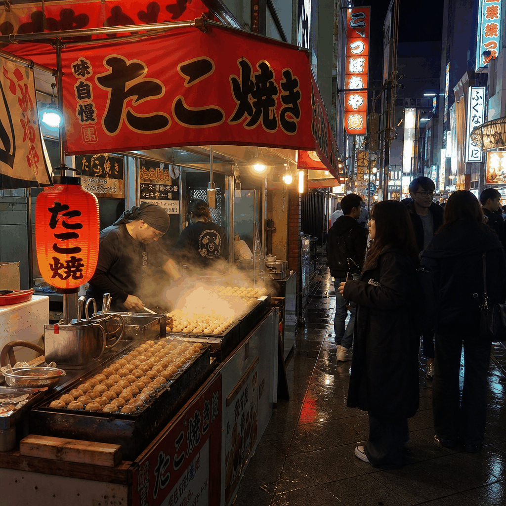 Takoyaki stalls and neon signs in Osaka’s Dotonbori food district