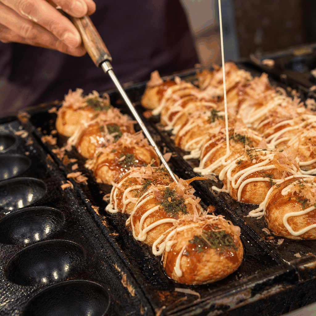 Fresh Osaka takoyaki served hot with sauce, mayo, aonori, and bonito flakes
