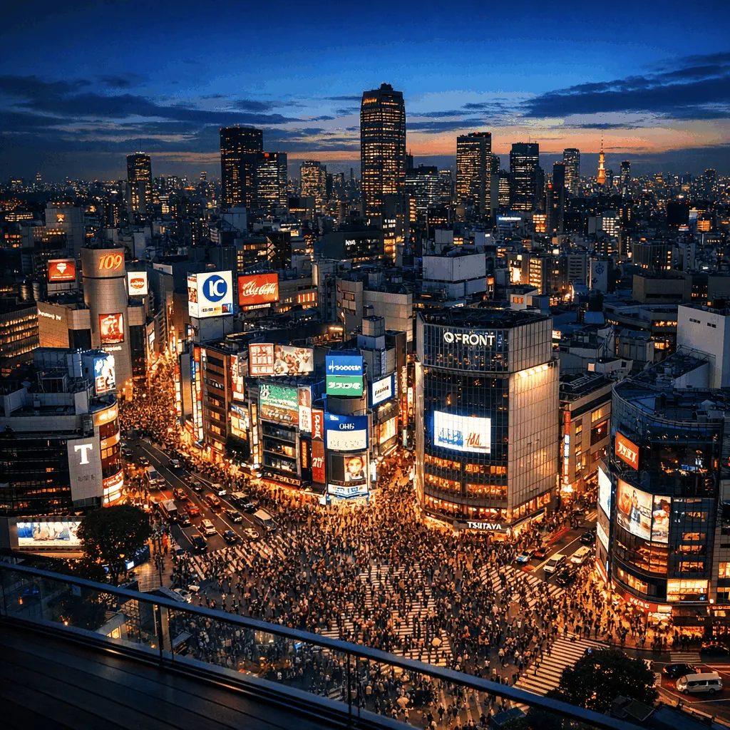 Wide aerial view of Shibuya Crossing and surrounding buildings from a high vantage point