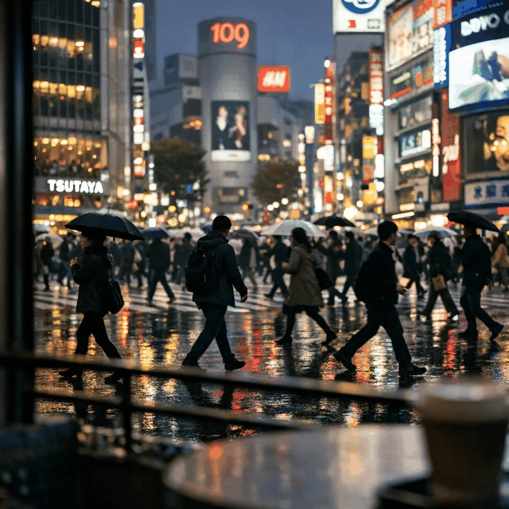 Street-level framed view of Shibuya Crossing from the QFRONT/TSUTAYA building window