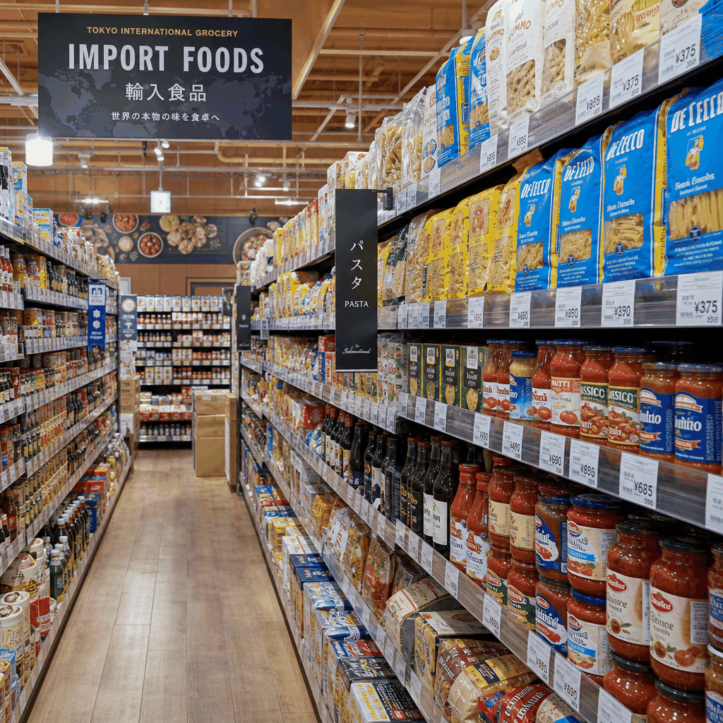 Expats browsing imported food and pantry items in a Tokyo neighborhood store