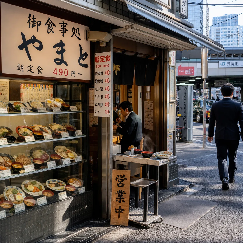 Japanese breakfast set in a Tokyo restaurant with rice, miso soup, grilled fish, and pickles