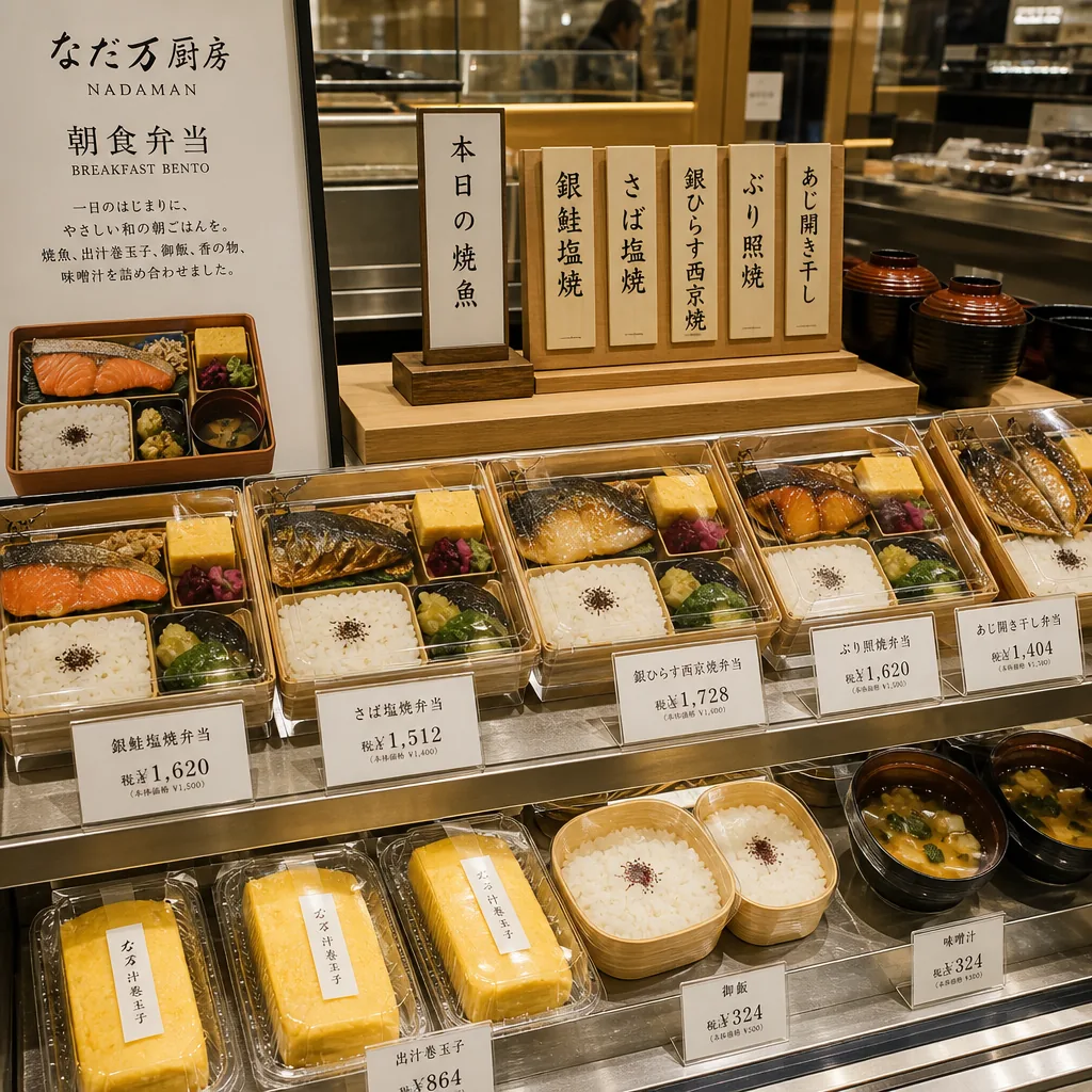Depachika prepared food counter in Tokyo with takeaway breakfast dishes