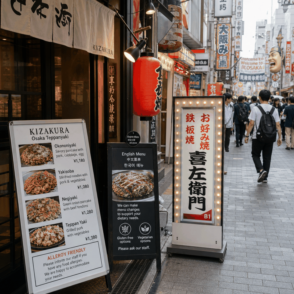 Osaka restaurant street with signs for multilingual dining and allergy-friendly options