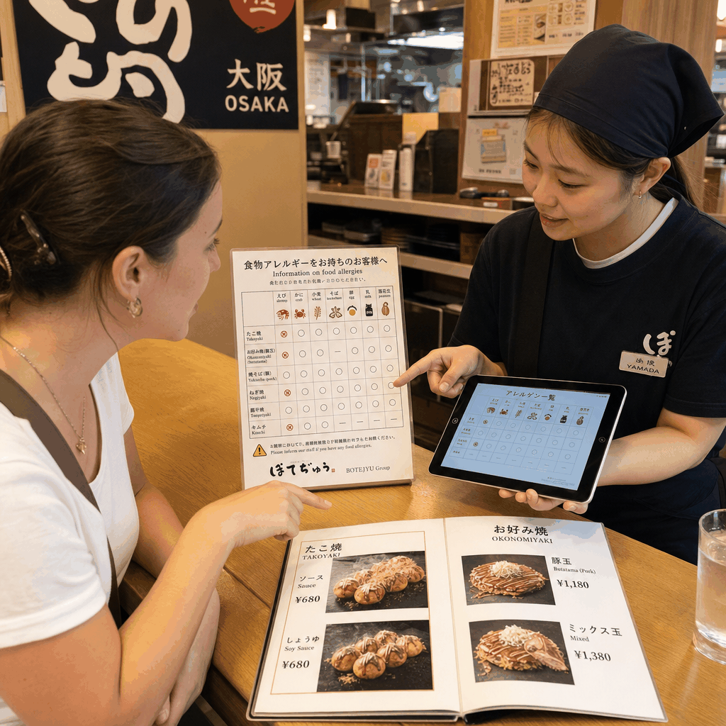 A traveler checking an allergen chart before eating in Osaka