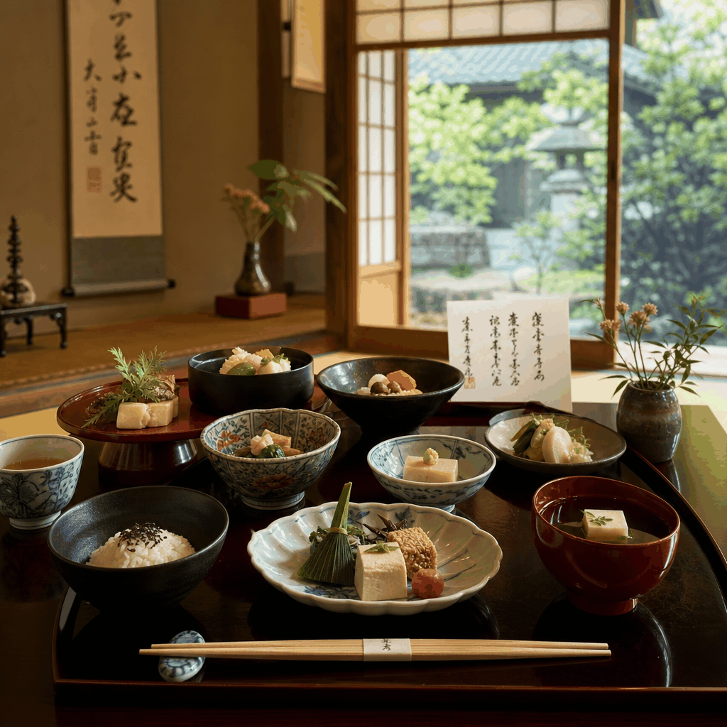 Temple-style shojin ryori served in Kyoto, with seasonal vegetarian dishes arranged in small