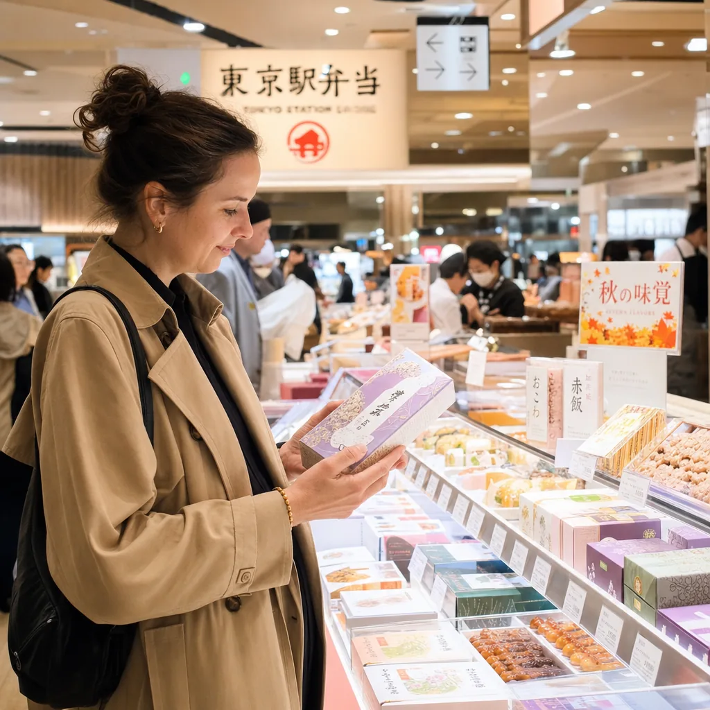 Tokyo department store basement food hall showing Japanese sweets, deli items, and takeaway meals