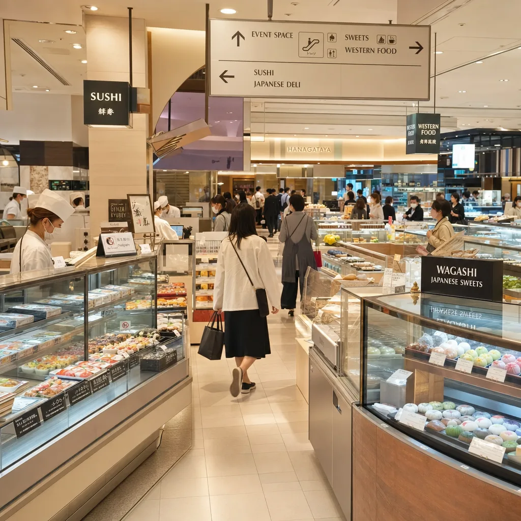 English-friendly depachika food hall in Tokyo with prepared dishes and gift boxes