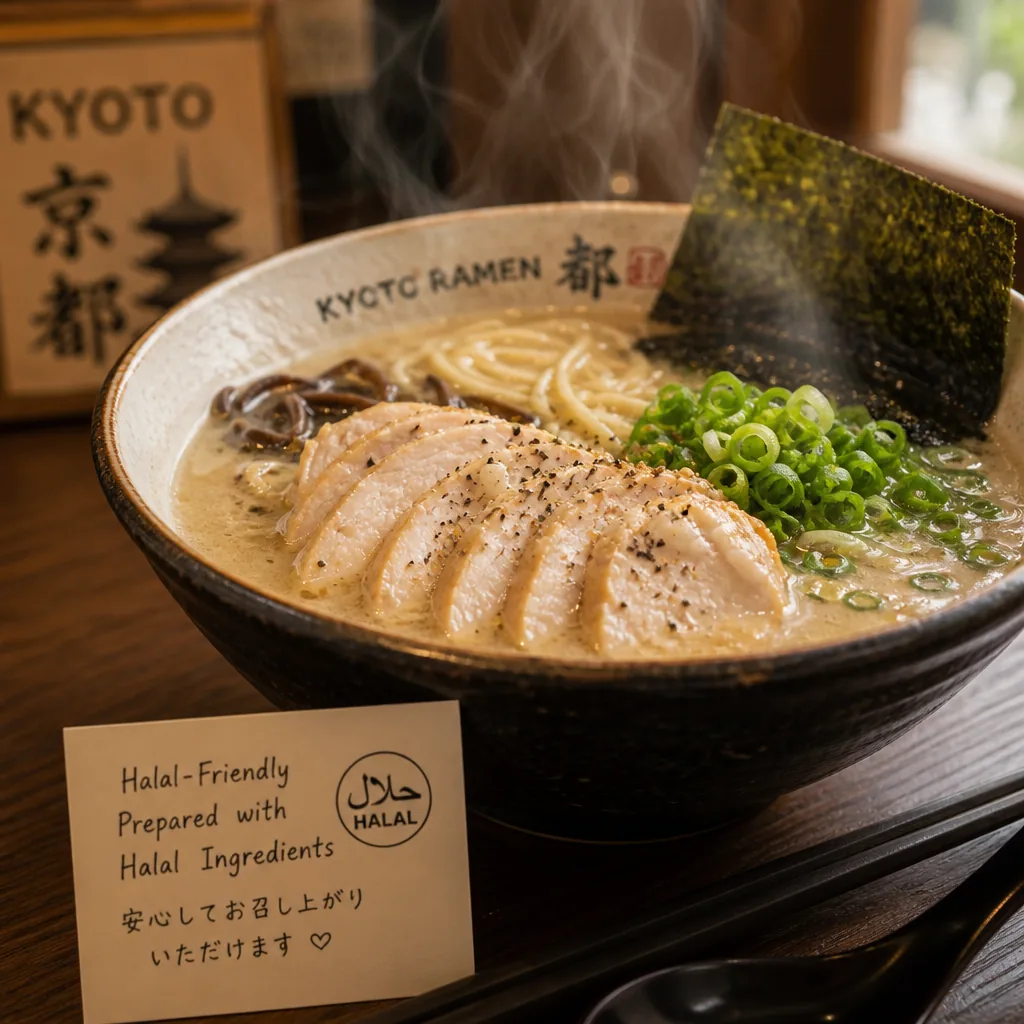 Muslim-friendly ramen shop sign in Kyoto