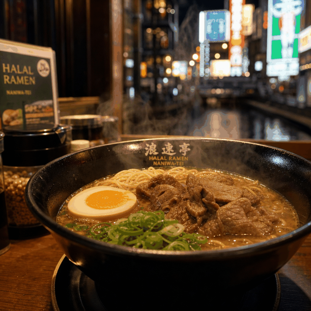 Busy Namba street scene close to Dotonbori with halal dining options