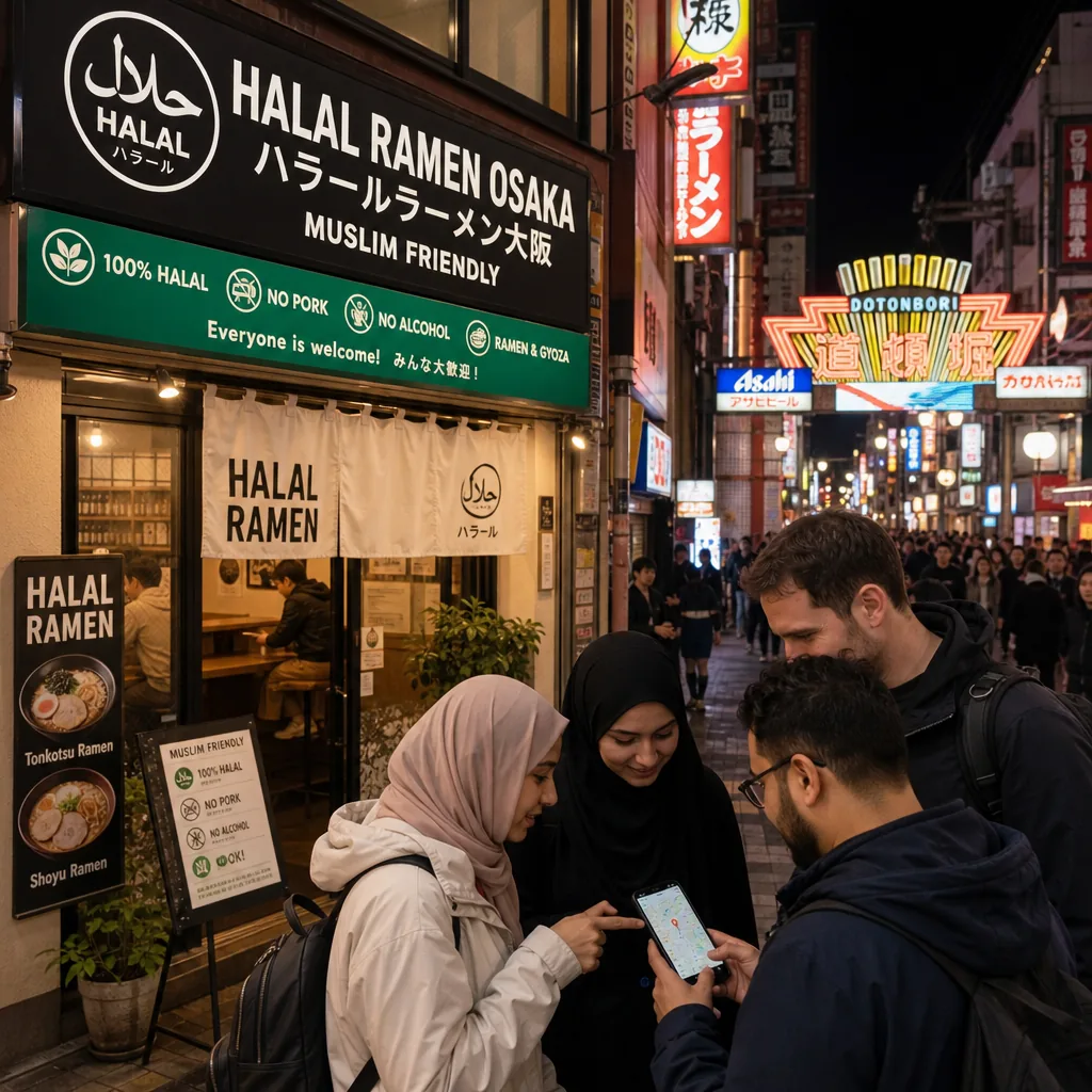 Checking a halal ramen shop listing in Osaka before visiting Umeda