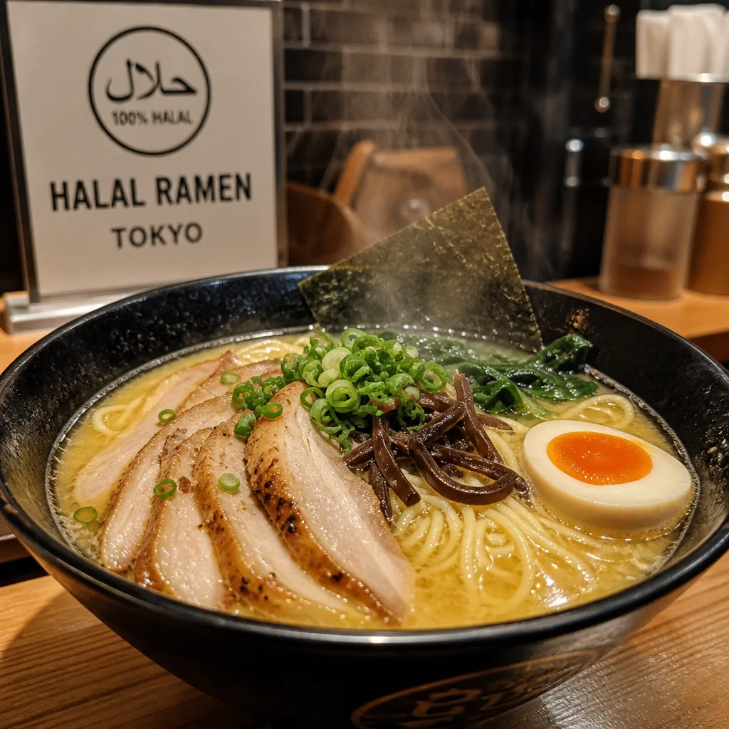 Tokyo halal ramen dining near Shibuya with Muslim-friendly options and signage.