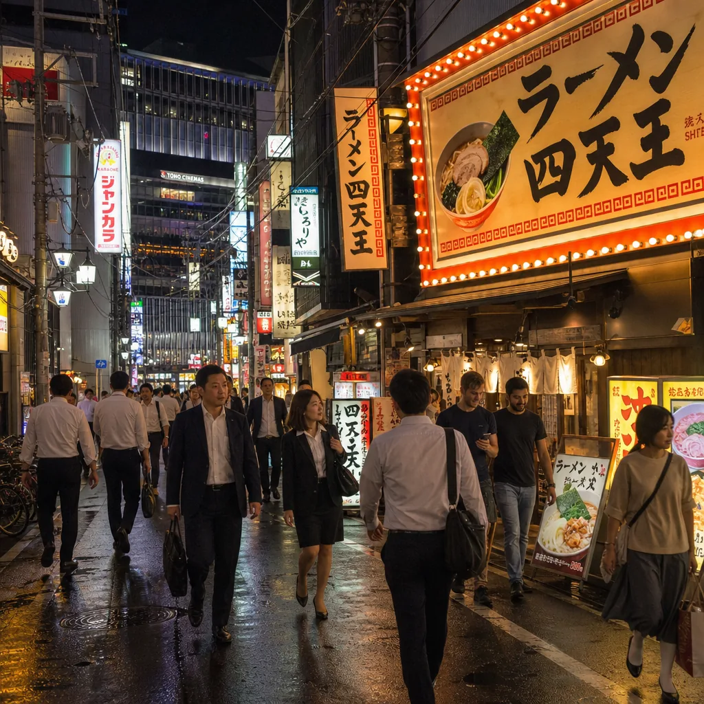 Osaka street at night with ramen shops near a busy station district