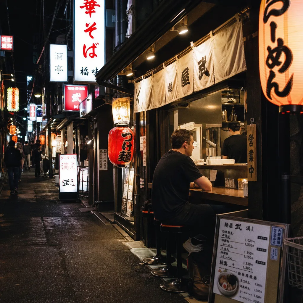 Late-night ramen shop in Tokyo’s Shinjuku district near glowing station signs