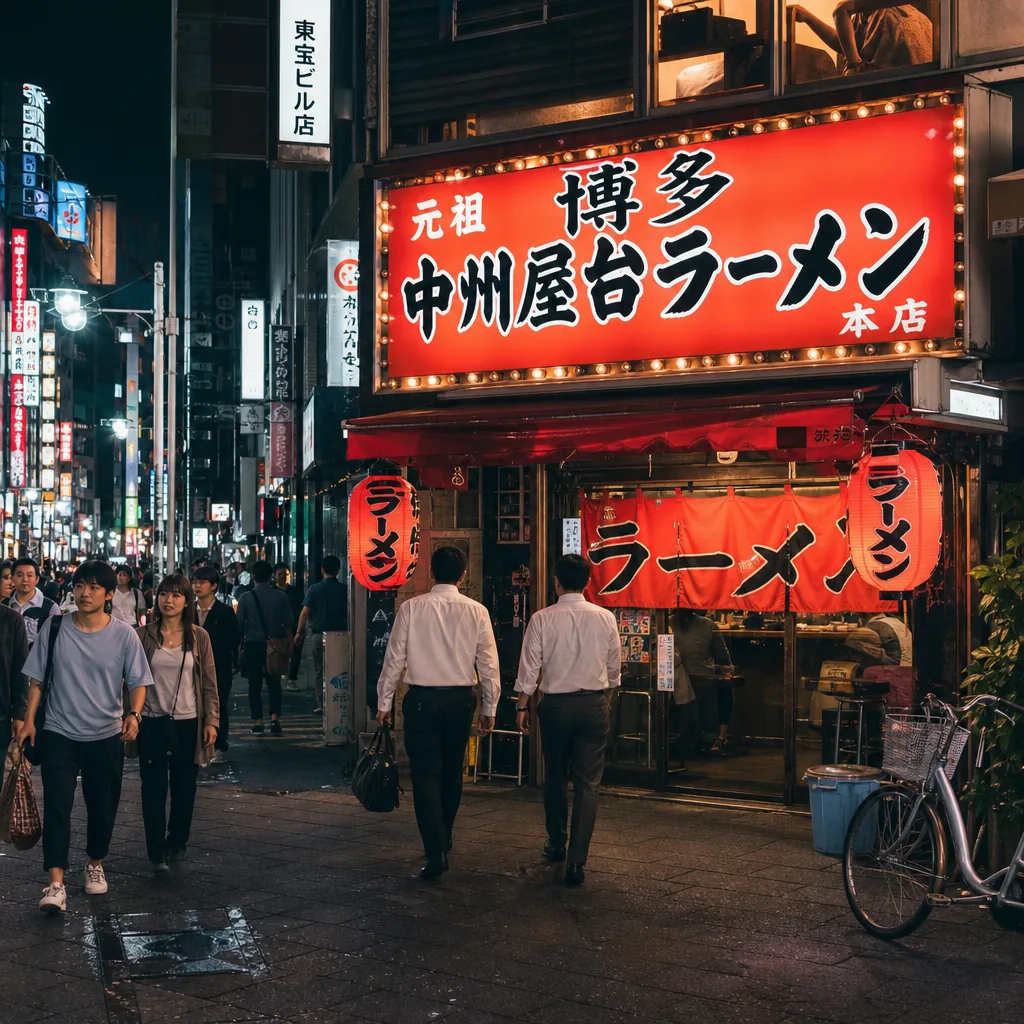 Late-night ramen storefront in Tokyo’s Shinjuku nightlife district after midnight