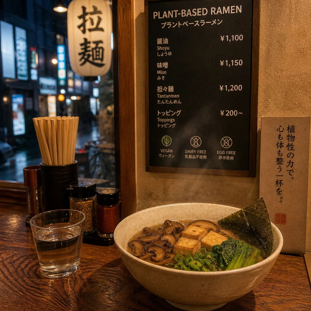 A vegetarian ramen bowl in Tokyo with noodles, vegetables, and broth suitable for a late-night meal.