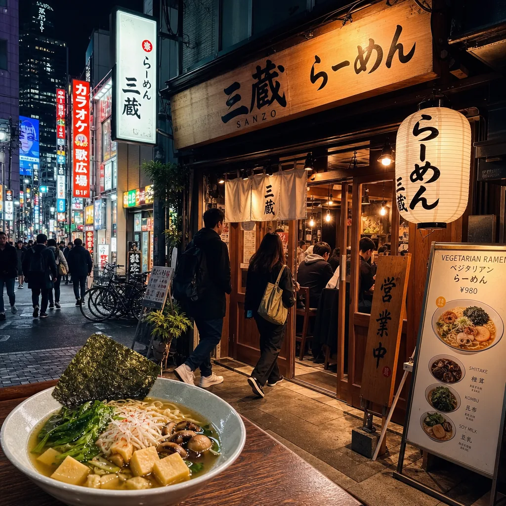 Nighttime Tokyo street scene suggesting late-night ramen hunting in Shibuya or Shinjuku.