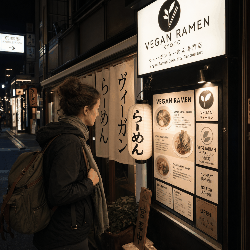 A vegetarian ramen bowl in Kyoto, with plant-based toppings and clear menu labeling nearby.