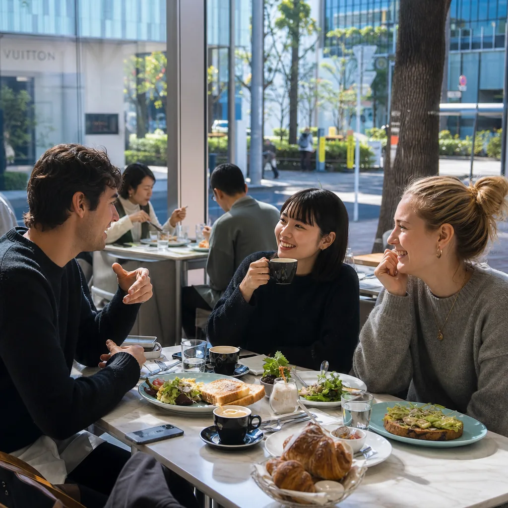 Busy Tokyo café breakfast scene in a central neighborhood such as Shibuya or Omotesando
