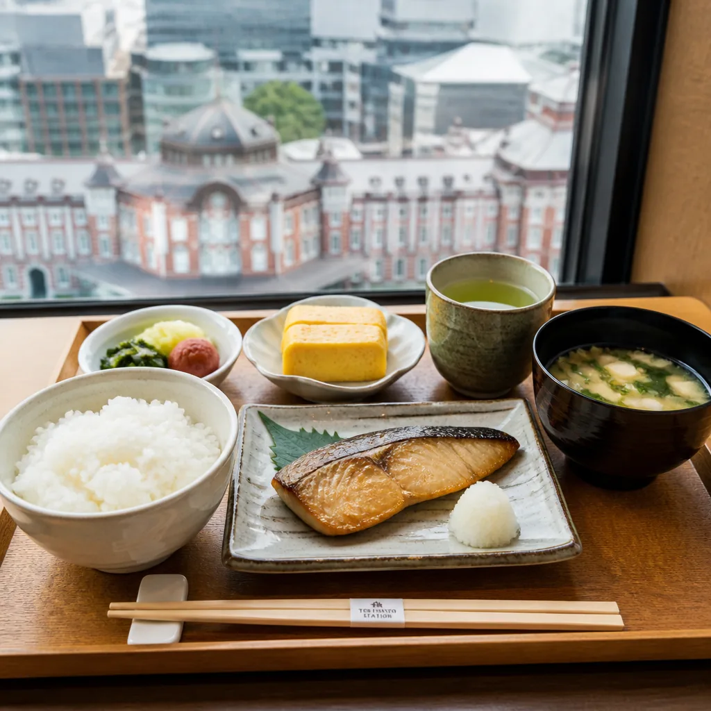 Japanese breakfast set with rice, miso soup, grilled fish, and side dishes in Tokyo