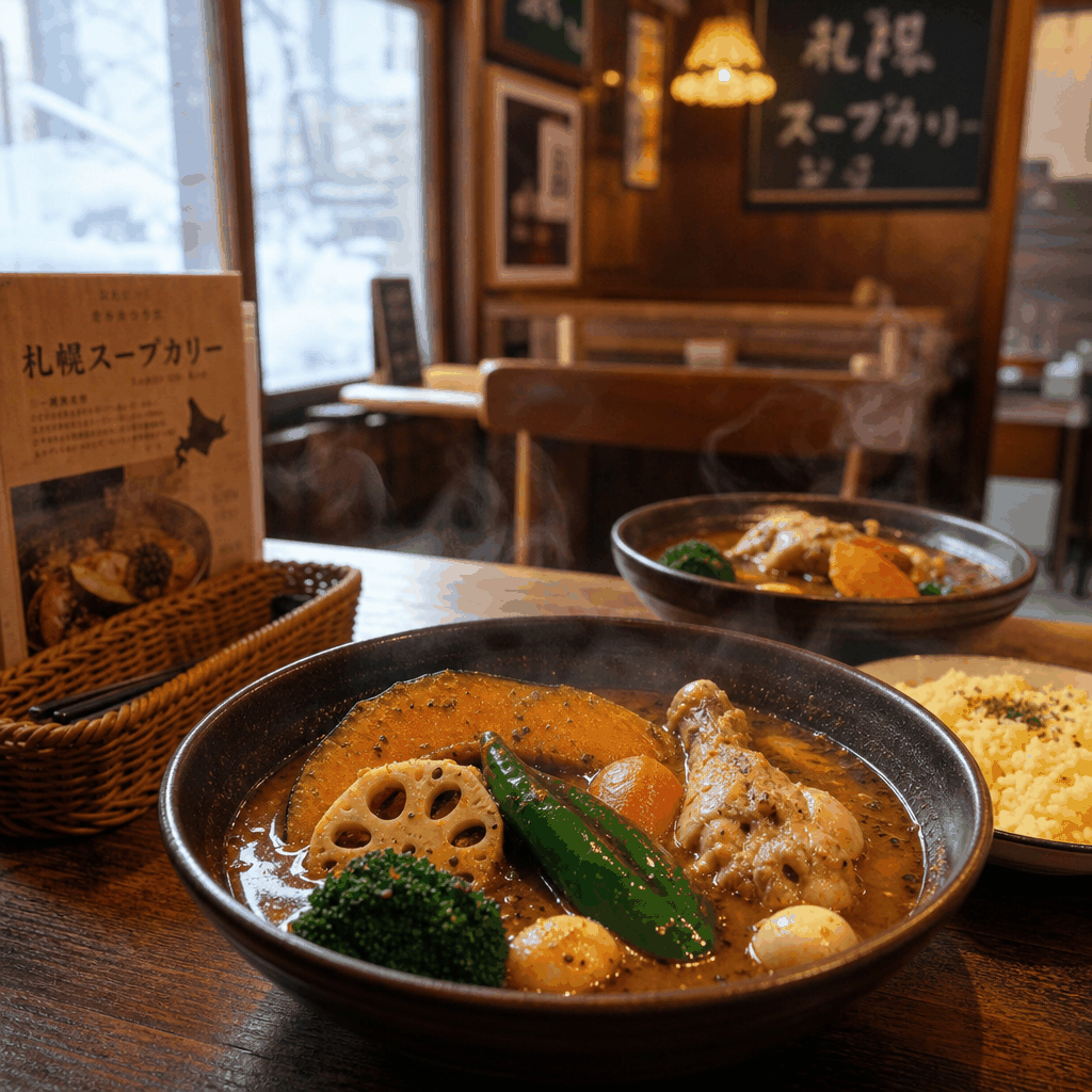 A bowl of Sapporo-style soup curry served with rice and vegetables