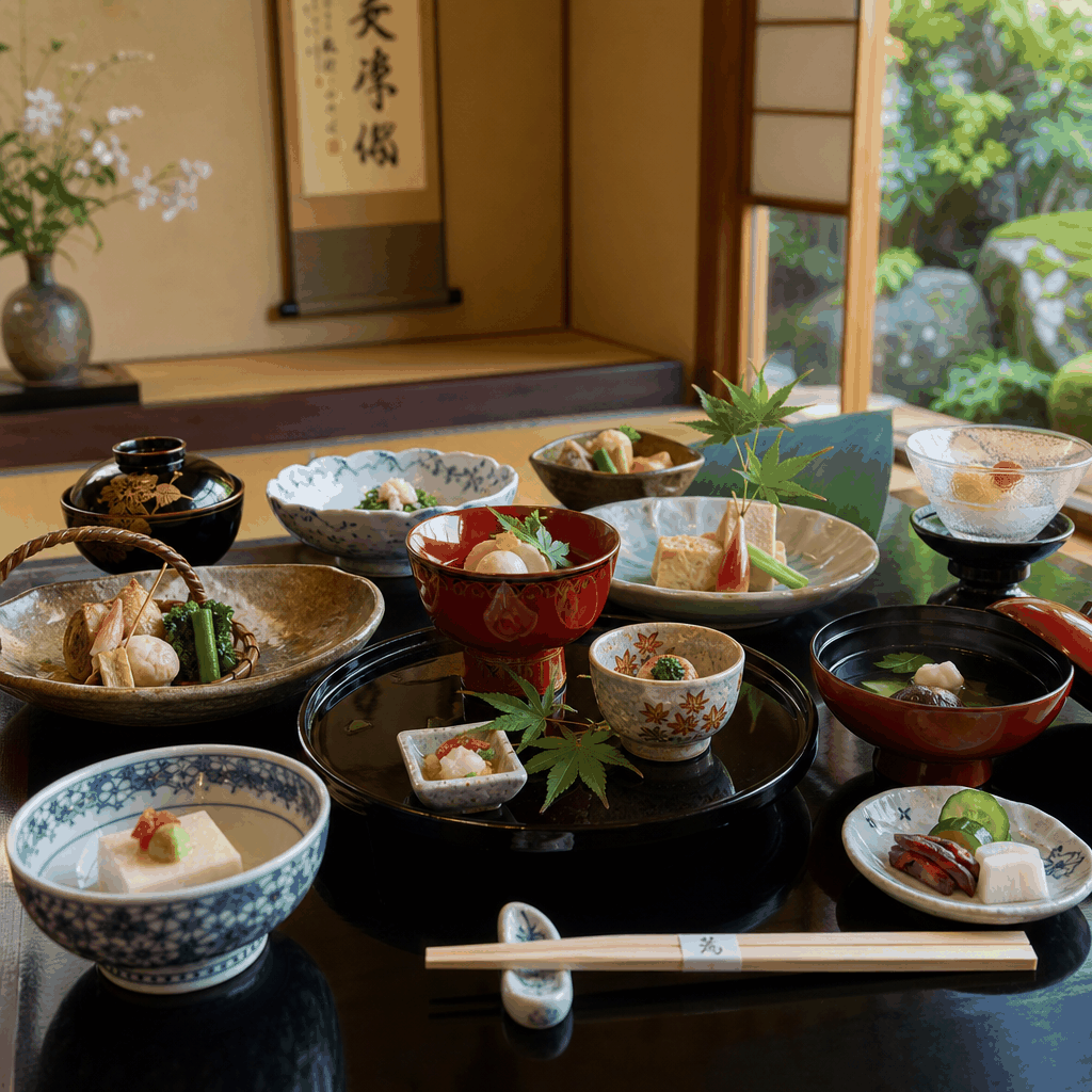 Vegetarian kaiseki dishes served in a Kyoto temple-style dining setting