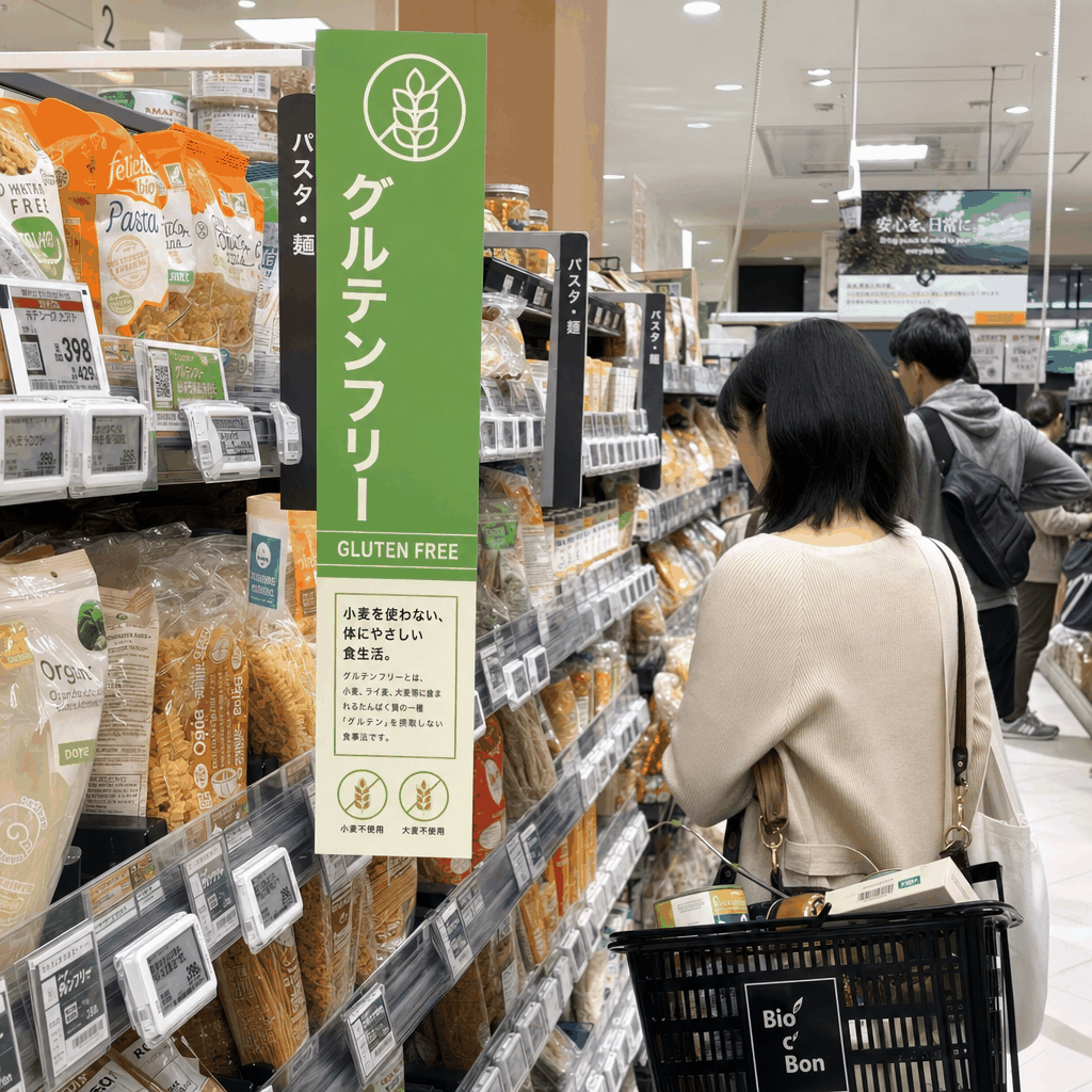 Gluten-free grocery shopping in a Tokyo imported-food store aisle