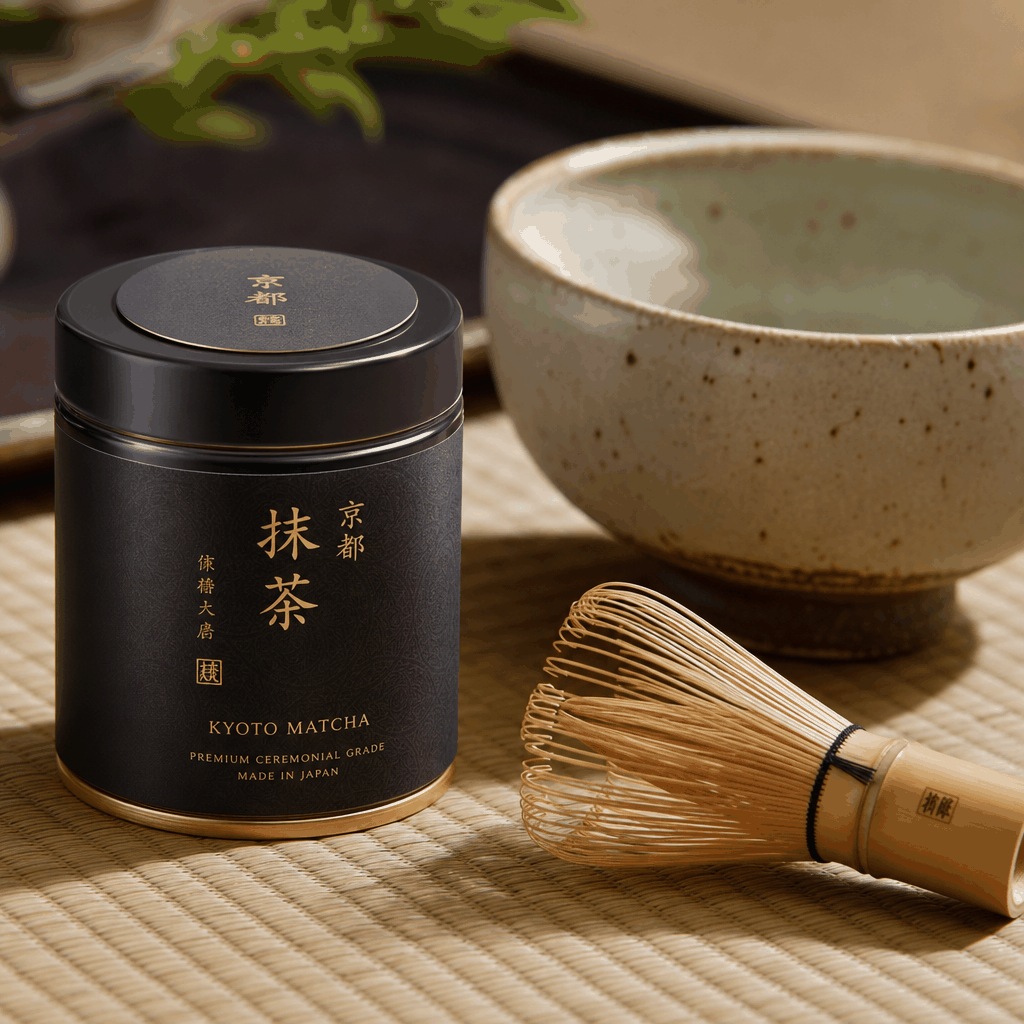 Matcha tins and tea shop shelves in Kyoto’s Uji tea district