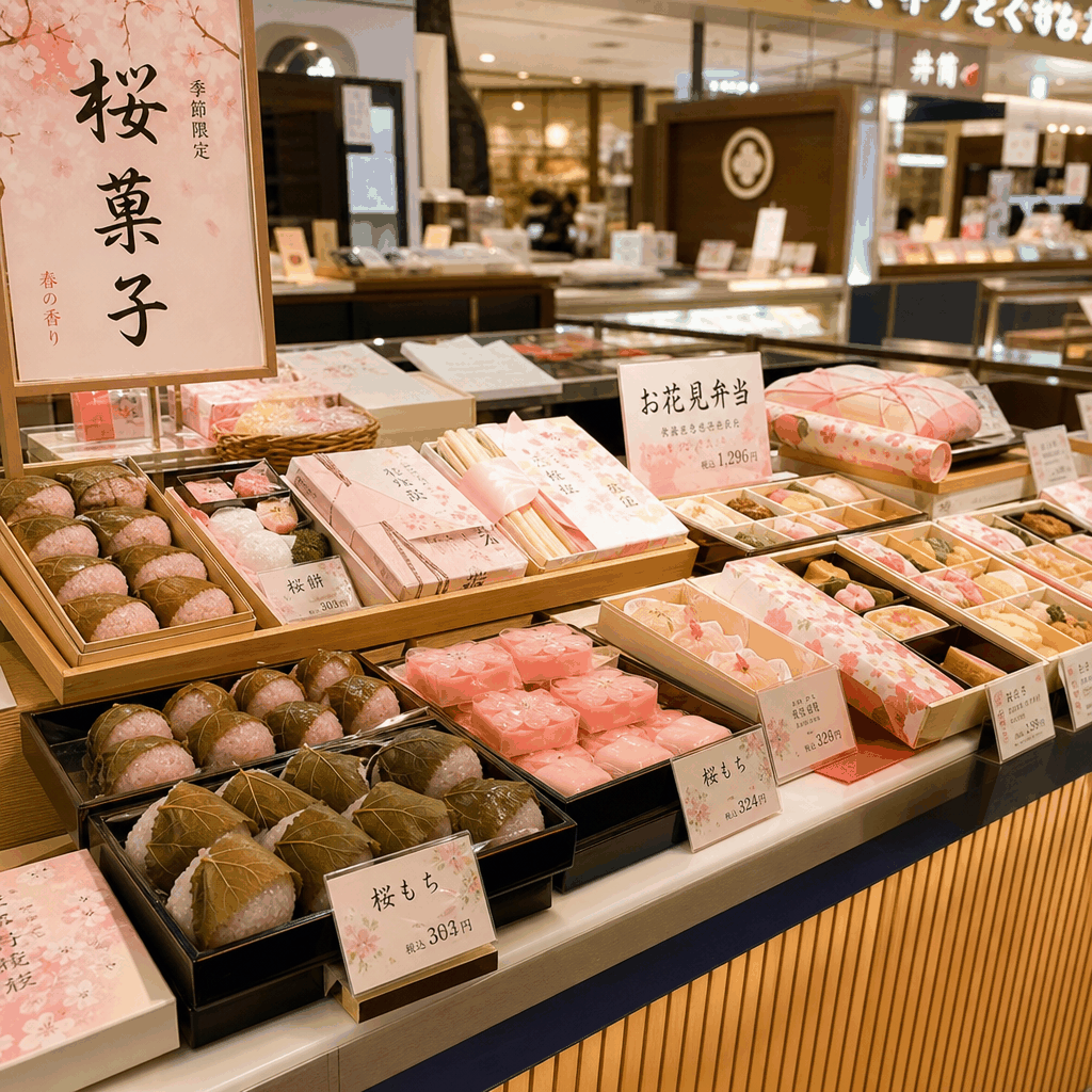 Kyoto Station-area department store food hall with sakura sweets and seasonal bento for hanami.