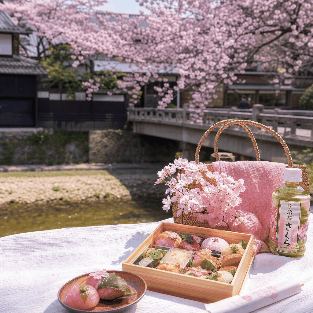 Traditional Kyoto spring wagashi and takeaway picnic bento sold during cherry blossom season.