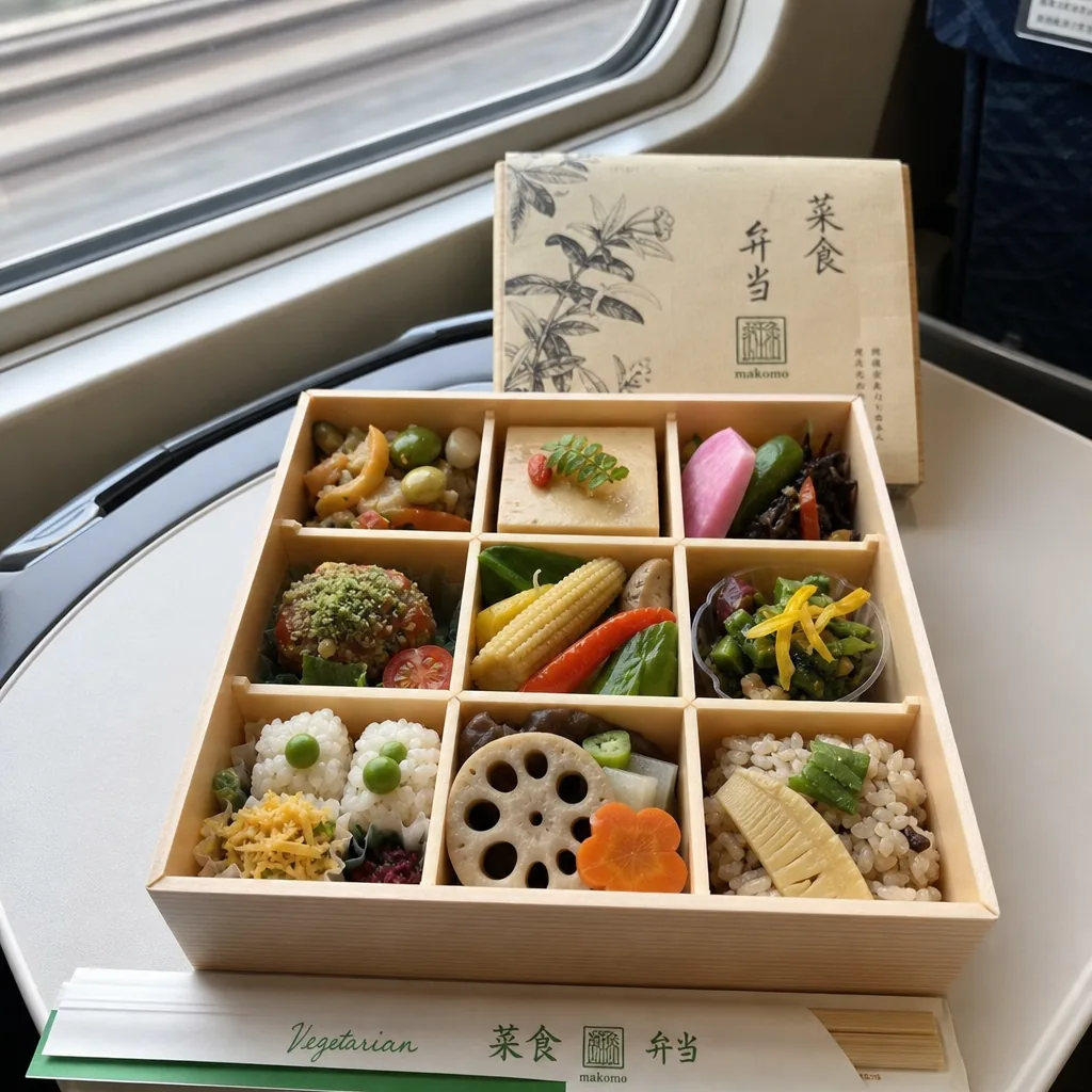 Vegetarian-friendly train meal options in Kyoto Station such as bento, onigiri, and salads