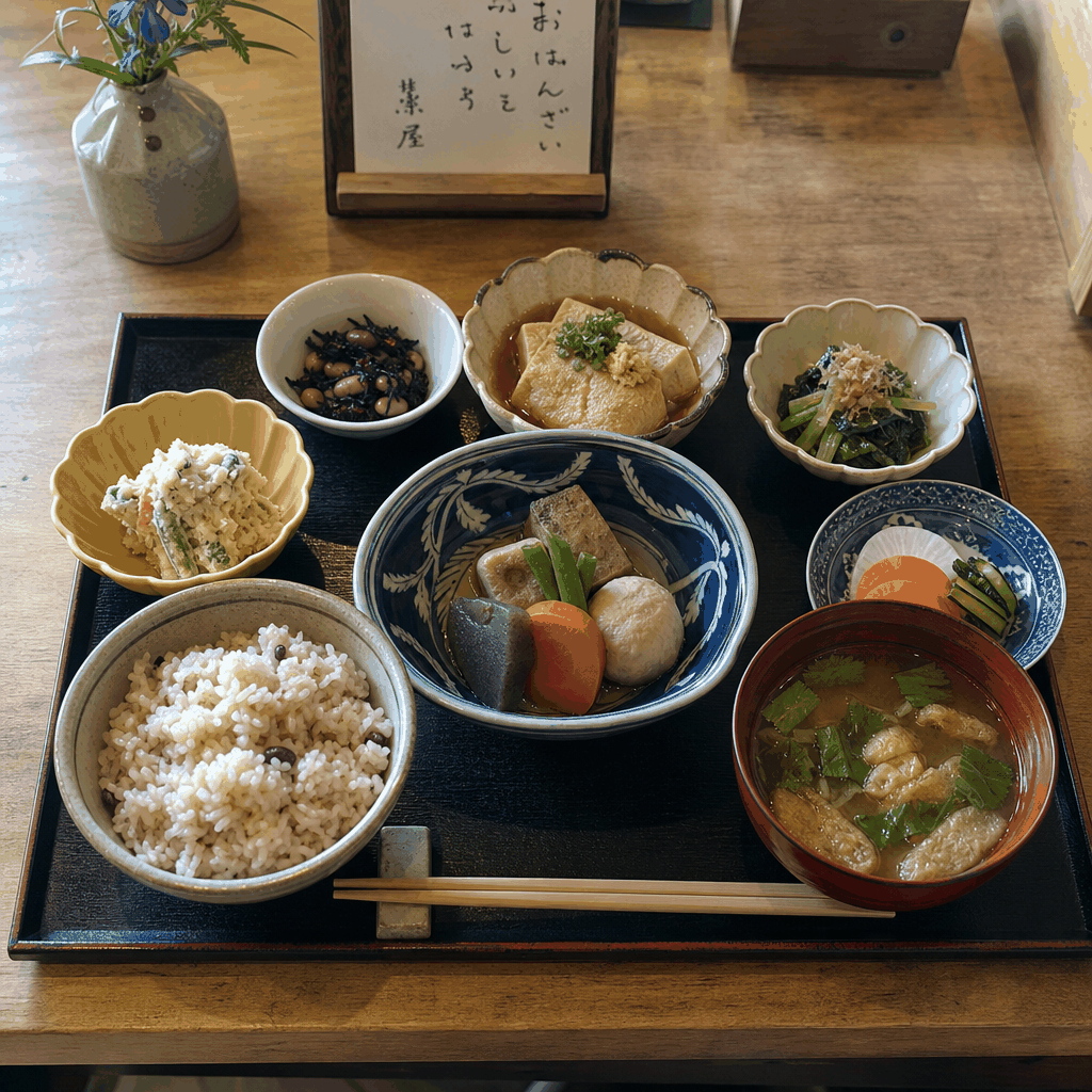 Simple Kyoto-style obanzai lunch with small seasonal side dishes and rice