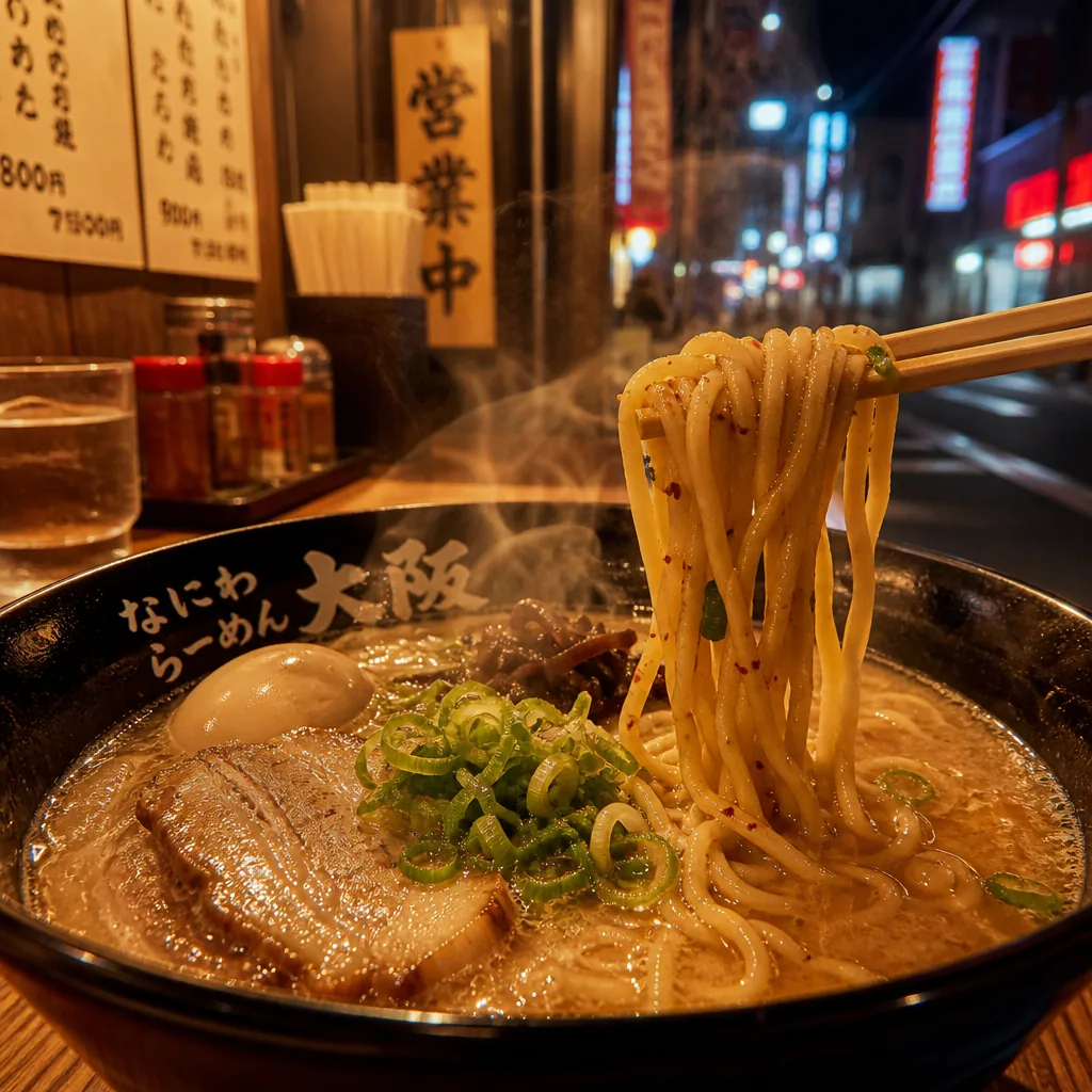 Late-night ramen shop scene in Osaka's Dotonbori area