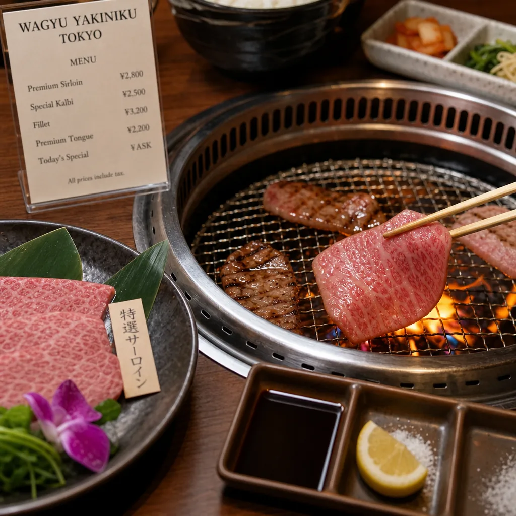 A wagyu yakiniku dinner setting in central Tokyo neighborhood with multilingual service