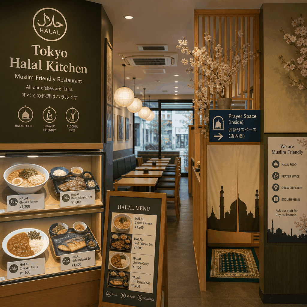 Tokyo halal dining map-style visual for Shinjuku, Asakusa, Ueno, Akihabara, and Ginza