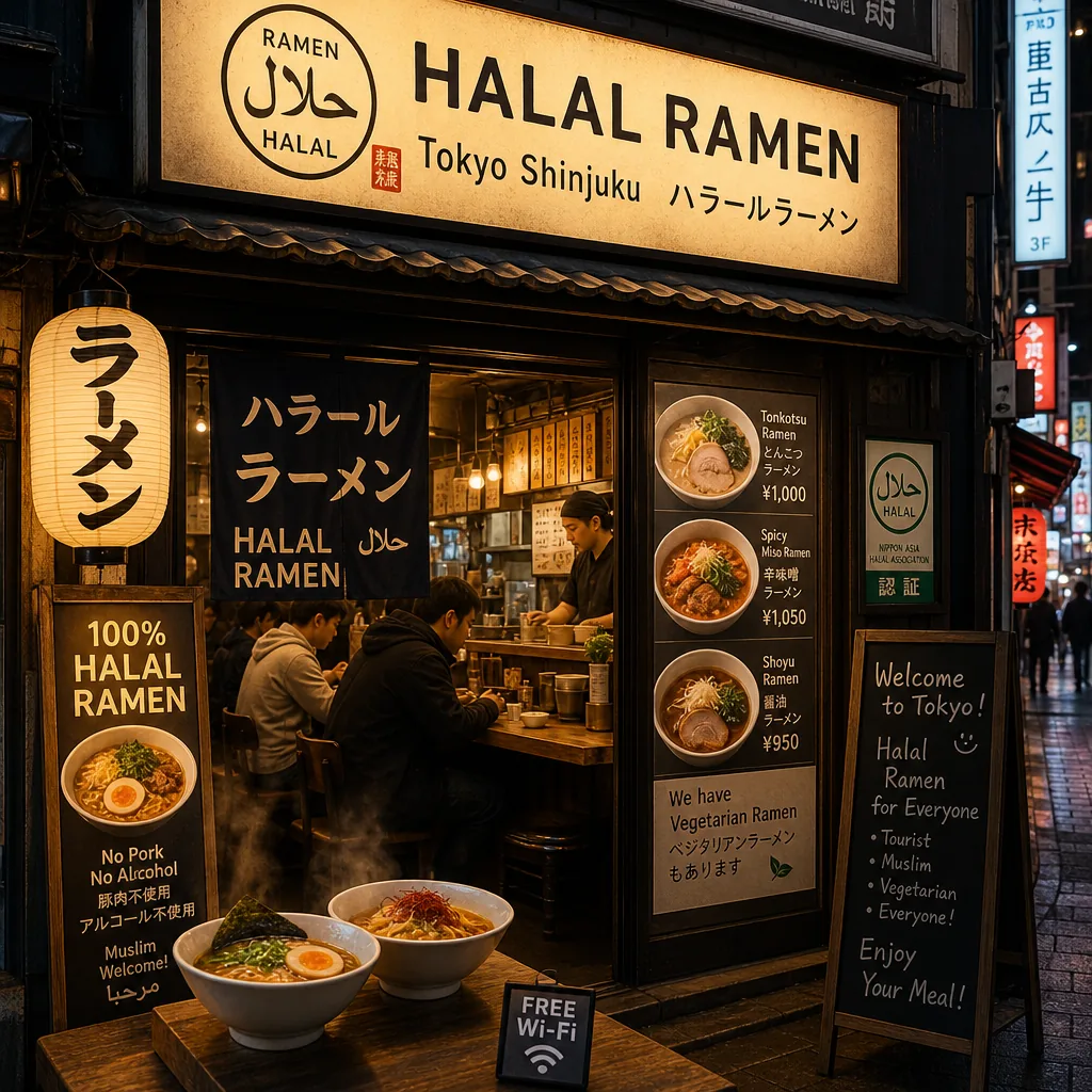 Tokyo halal ramen bowl in a Muslim-friendly restaurant, illustrating a certified pork-free option