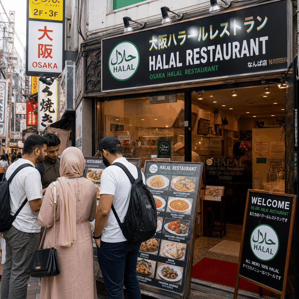 Halal and Muslim-friendly restaurant options in Osaka near a busy city district.