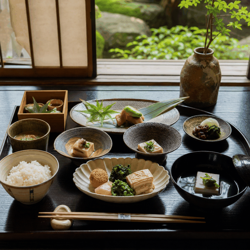 Photo of a plant-based kaiseki meal in Kyoto near a temple setting