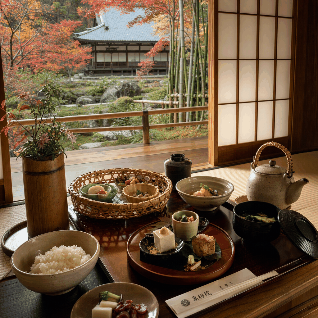 Kyoto vegan shojin ryori course meal served in a traditional dining room