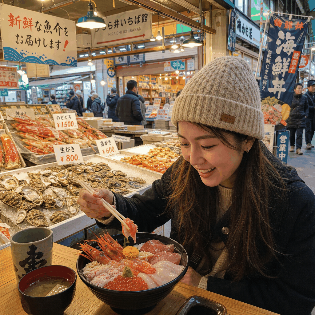 Seafood rice bowls and market stalls around Kanazawa Station and Omicho Market