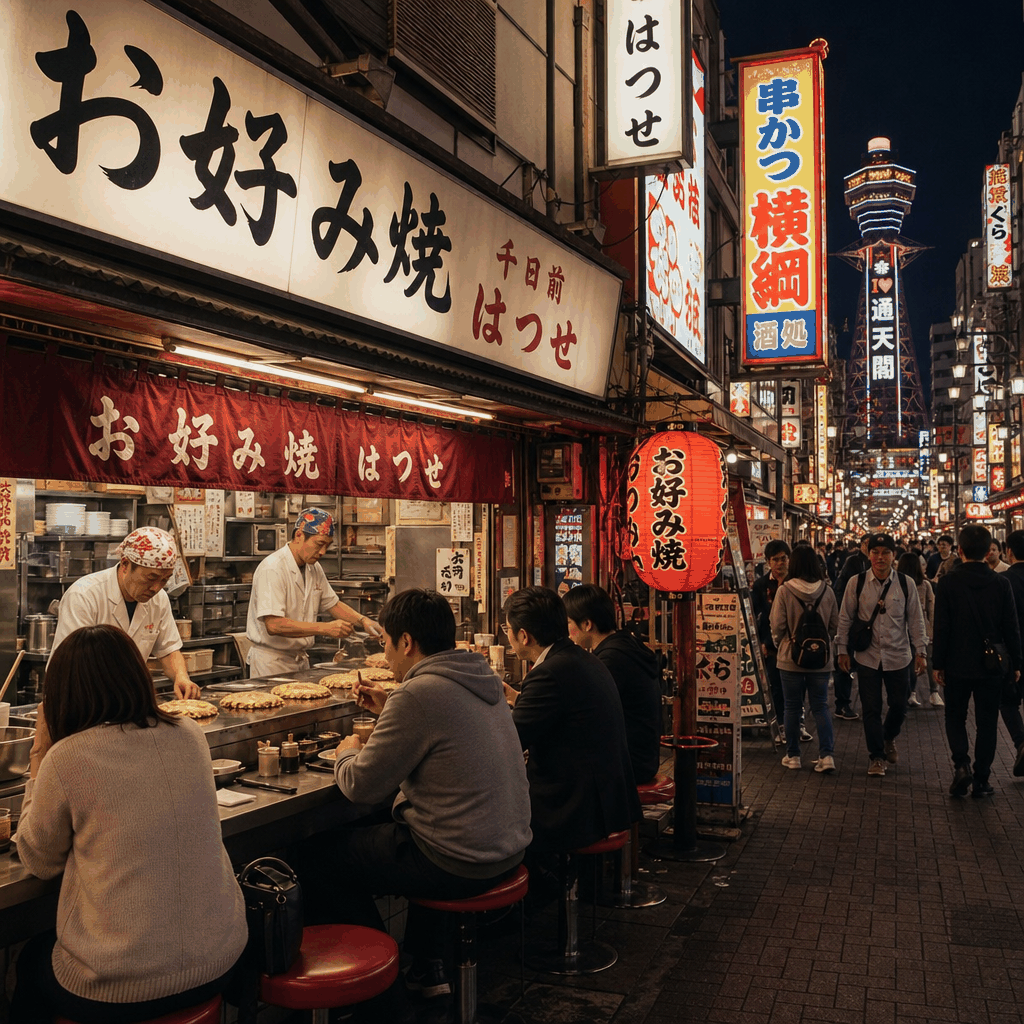 A teppan-grilled okonomiyaki being prepared in Osaka
