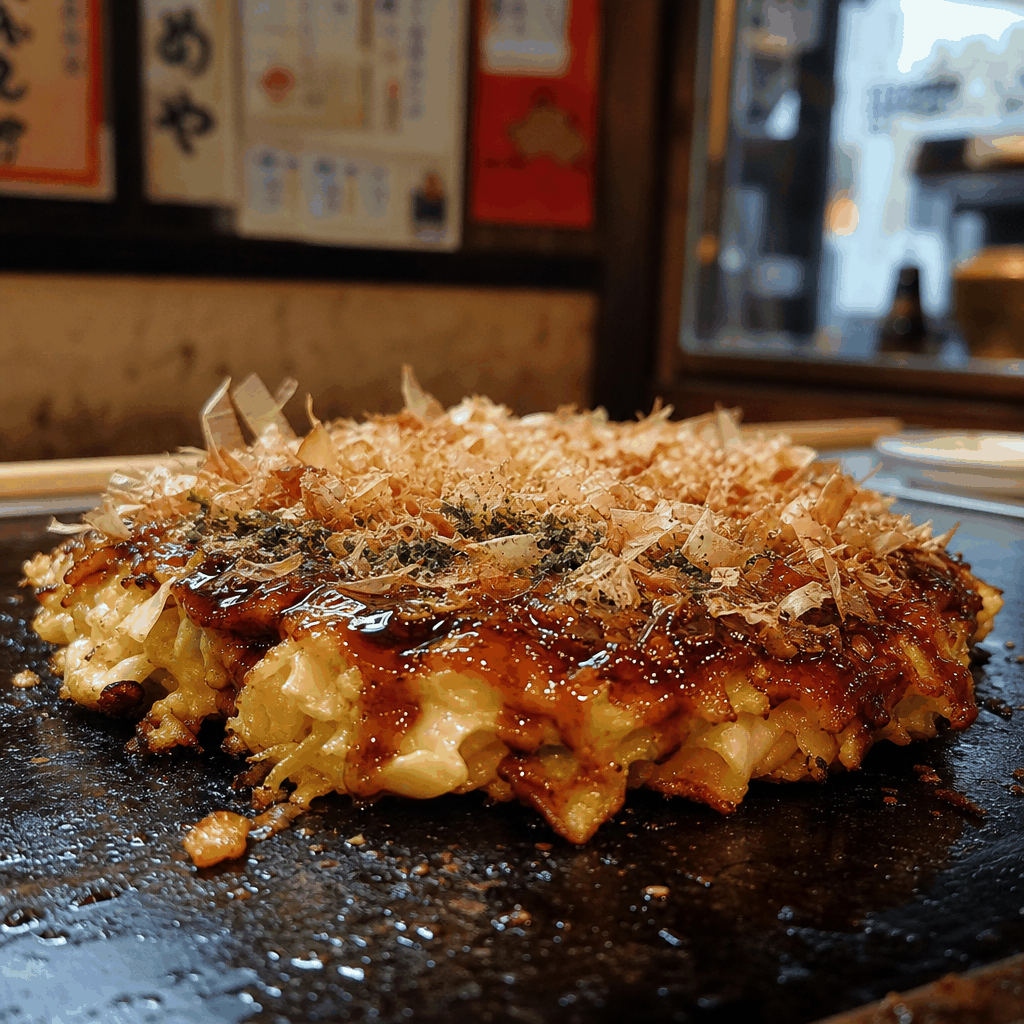 Osaka neighborhood food street with okonomiyaki restaurants