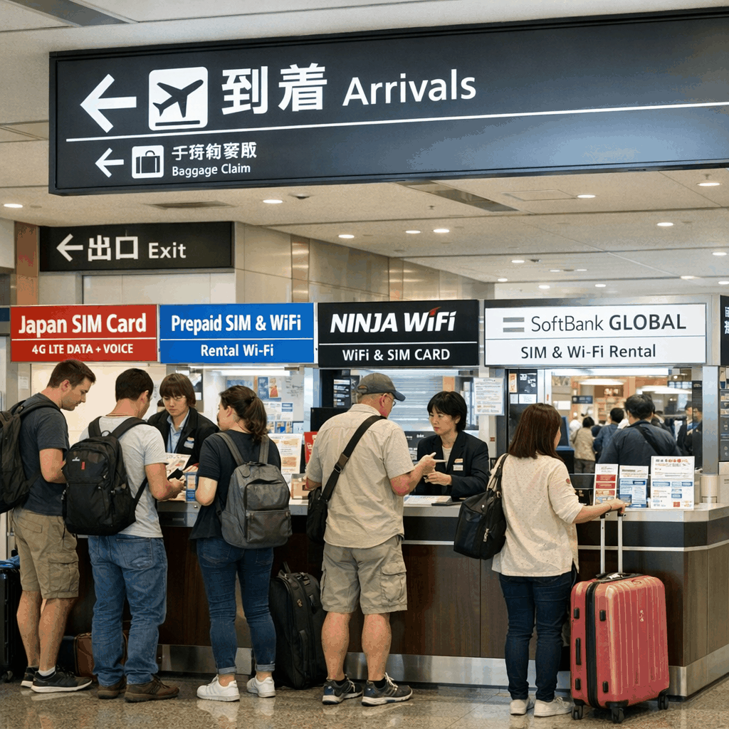 Tourist holding a smartphone with Tokyo skyline in the background at an airport arrivals area