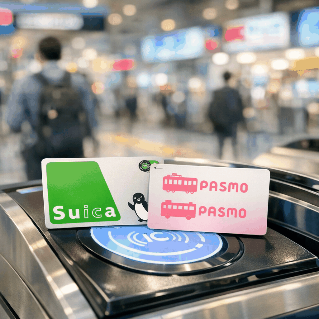 View of Tokyo subway platform with passengers and signage illustrating IC card use
