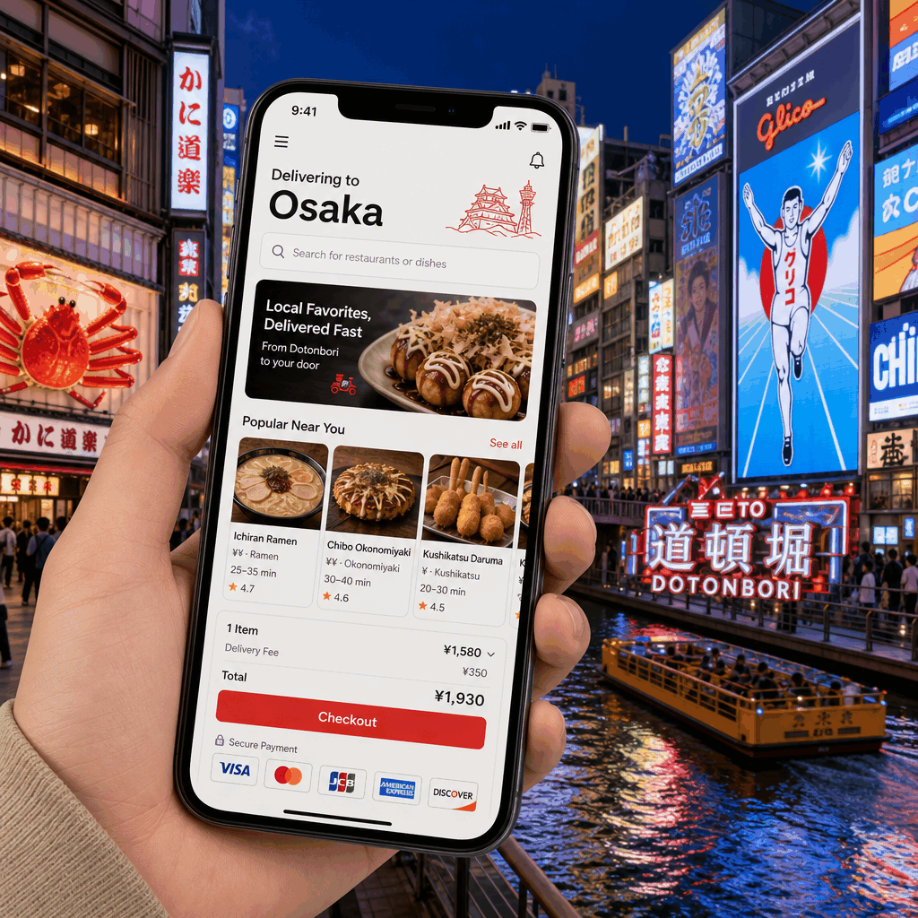 A person using a food delivery app in Osaka with English interface and card payment options