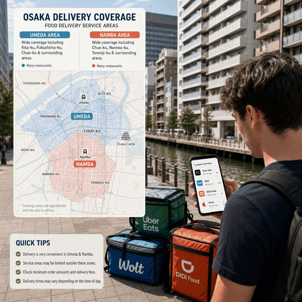Osaka night street scene near Umeda with food delivery context