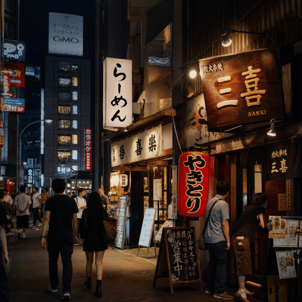 Late-night food streets around Shibuya Station in Tokyo