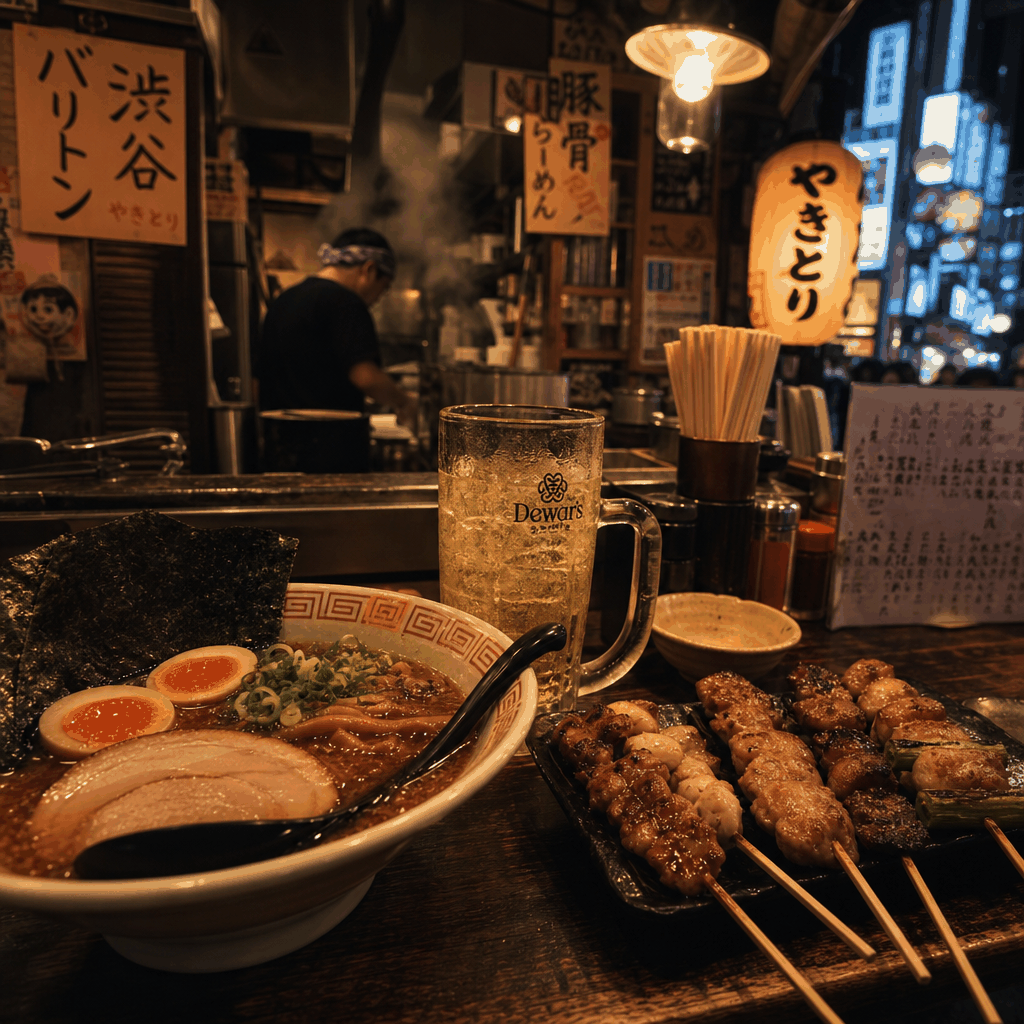 Ramen and izakaya options near Center-gai in Shibuya after dark